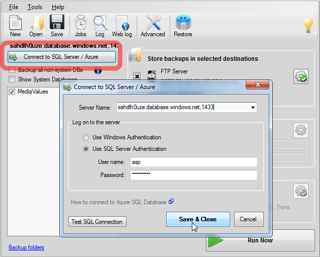 How to backup Azure SQL Databases with SQLBackupAndFTP SQL Backup Free