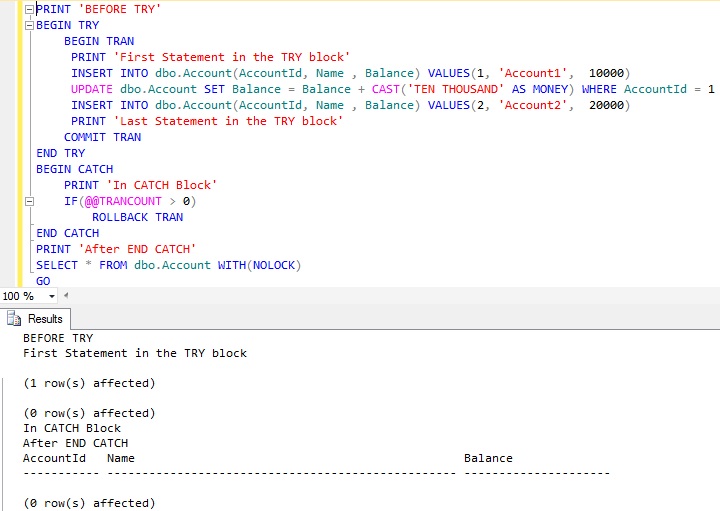 TRY…CATCH In Sql Server