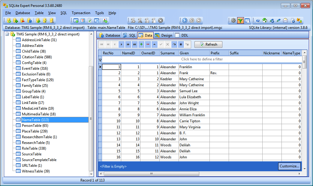Names Edit NameTable with SQLite Expert names alternatenames 