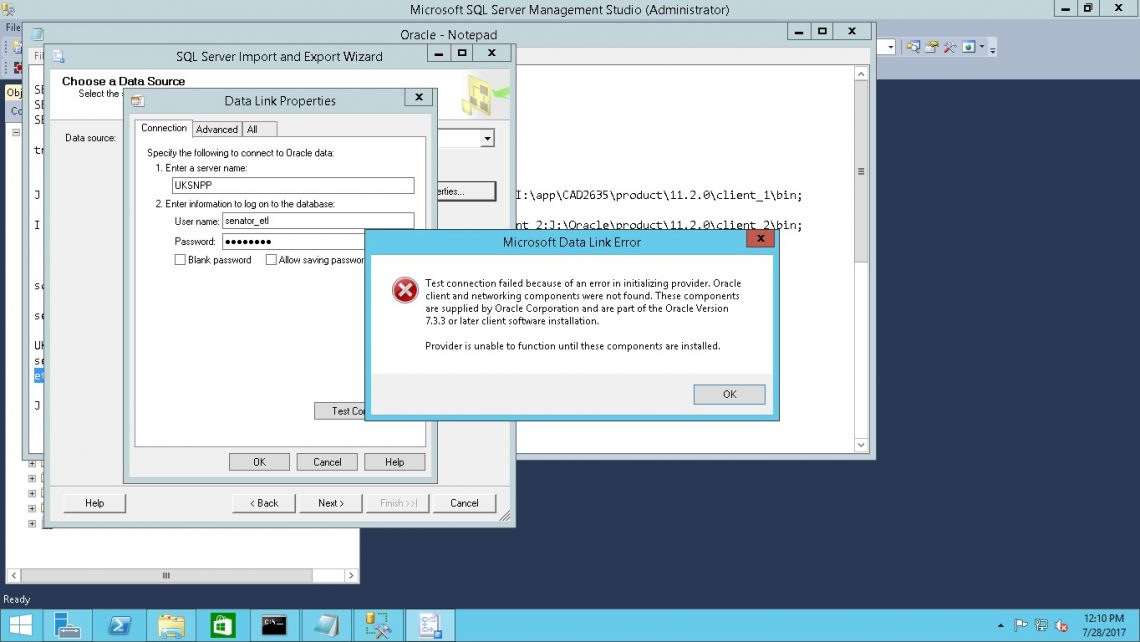 Test connection failed because of an error in initializing provider