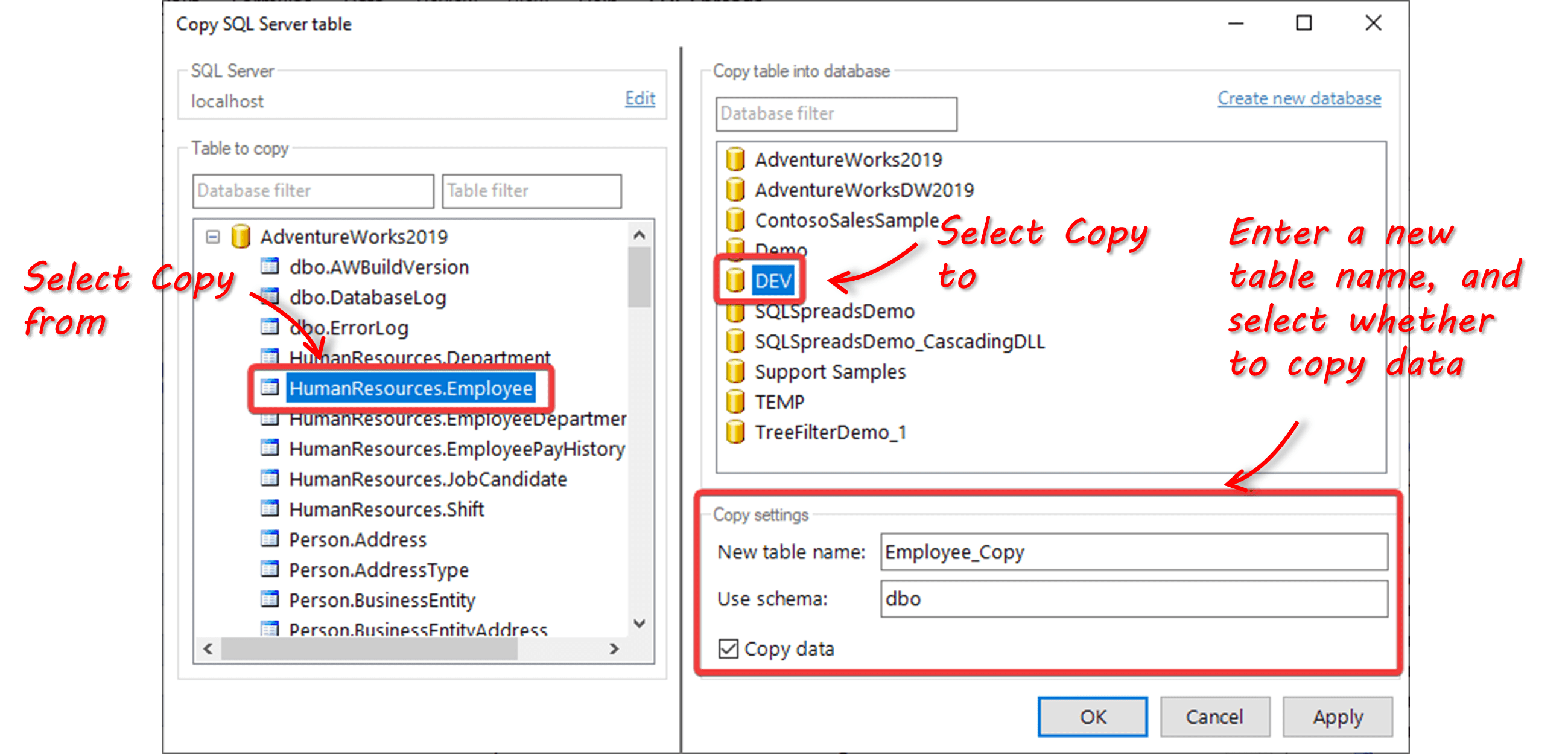 How to copy a table in SQL Server SQL Spreads