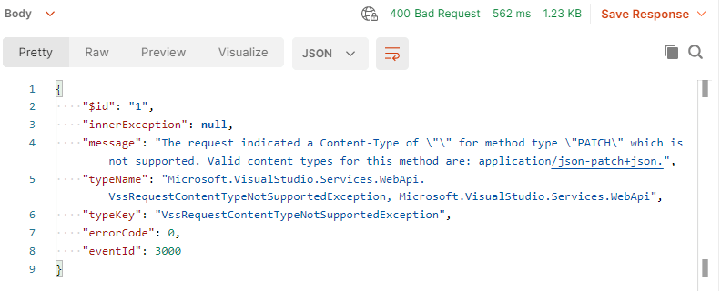 REST API, PATCH request error, Postman Valid content types for this