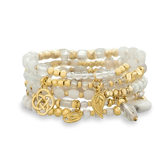 Set of 5 Gold Tone Fashion Stretch Bracelets with White Beads