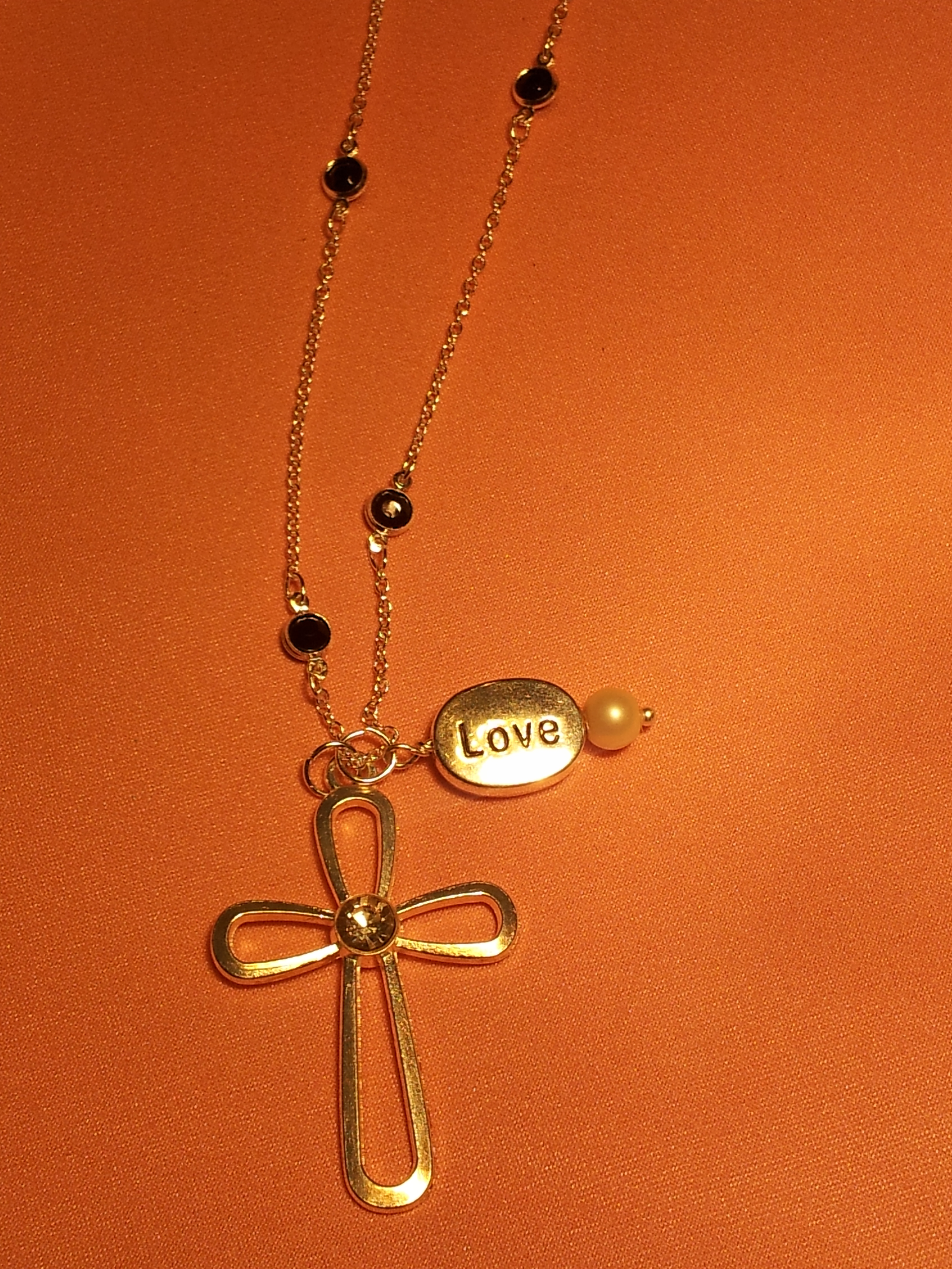 Silver Necklace w/black beads & silver cross pendant