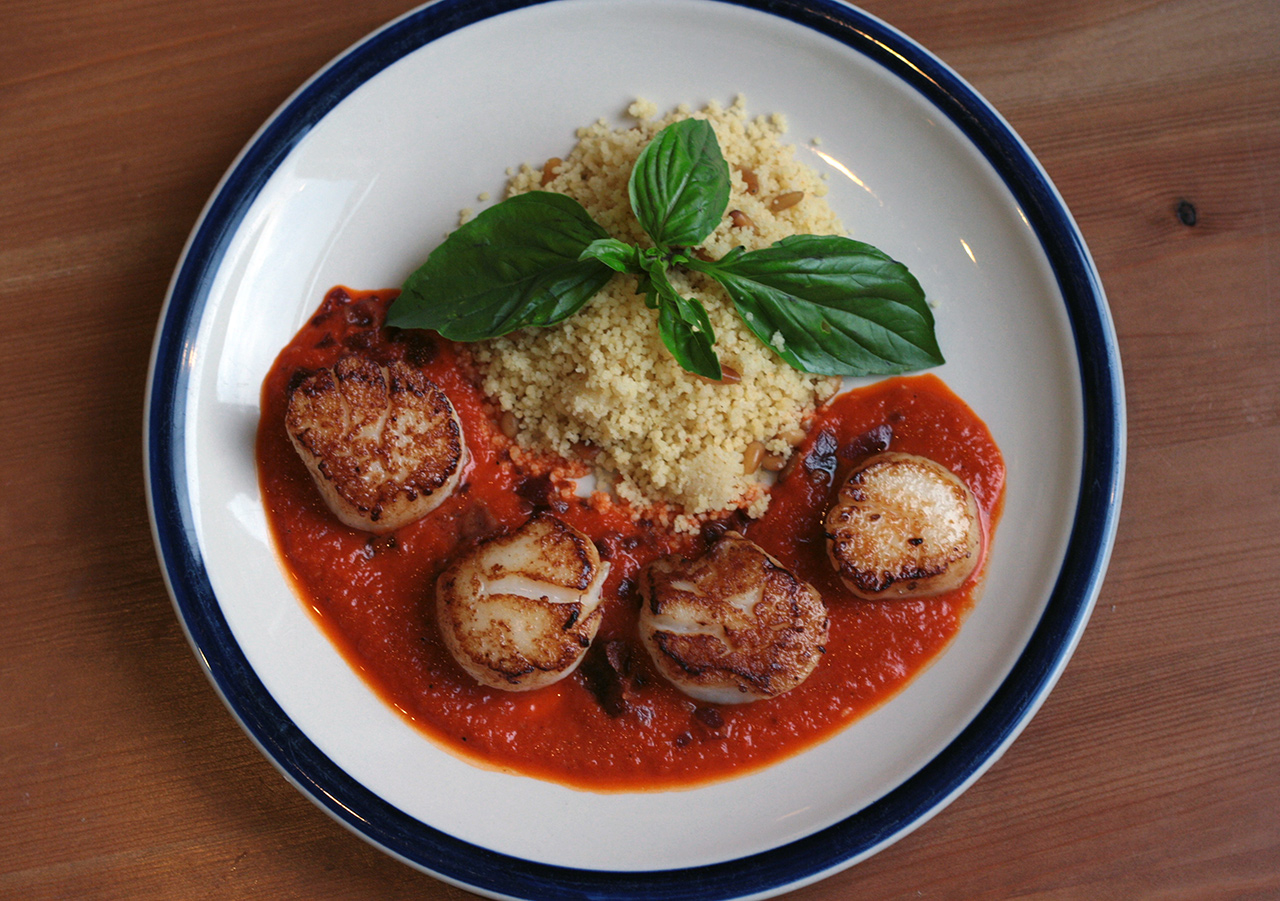 Scallops with BaconRed Pepper Coulis