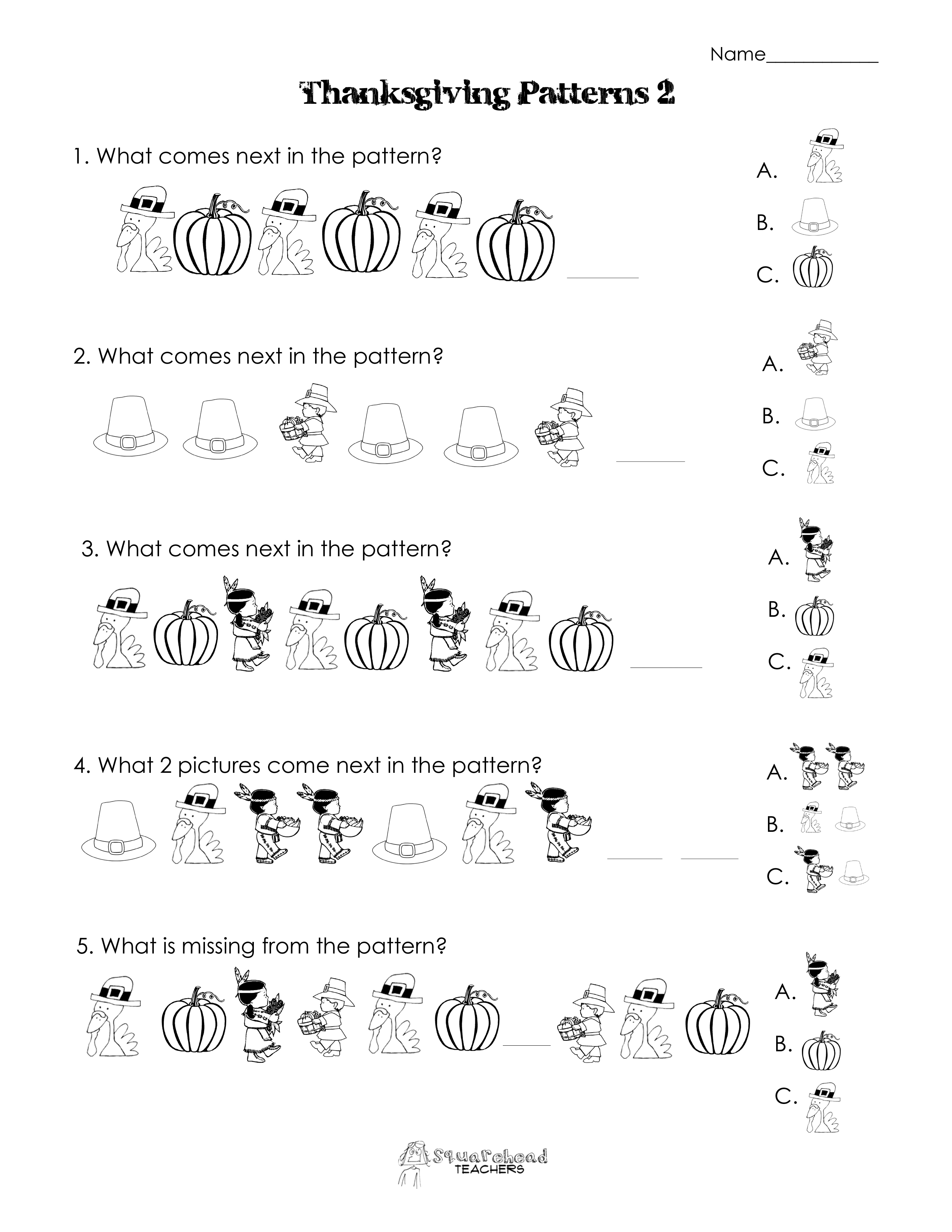 Another Thanksgiving Patterns Worksheet (K-2Nd) | Squarehead Teachers
