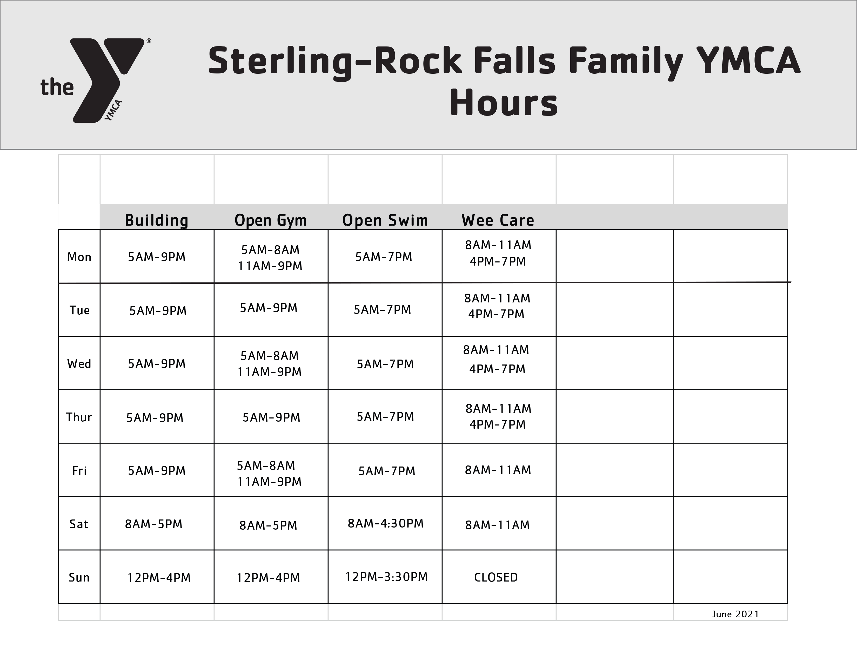SCHEDULES SterlingRock Falls Family YMCA