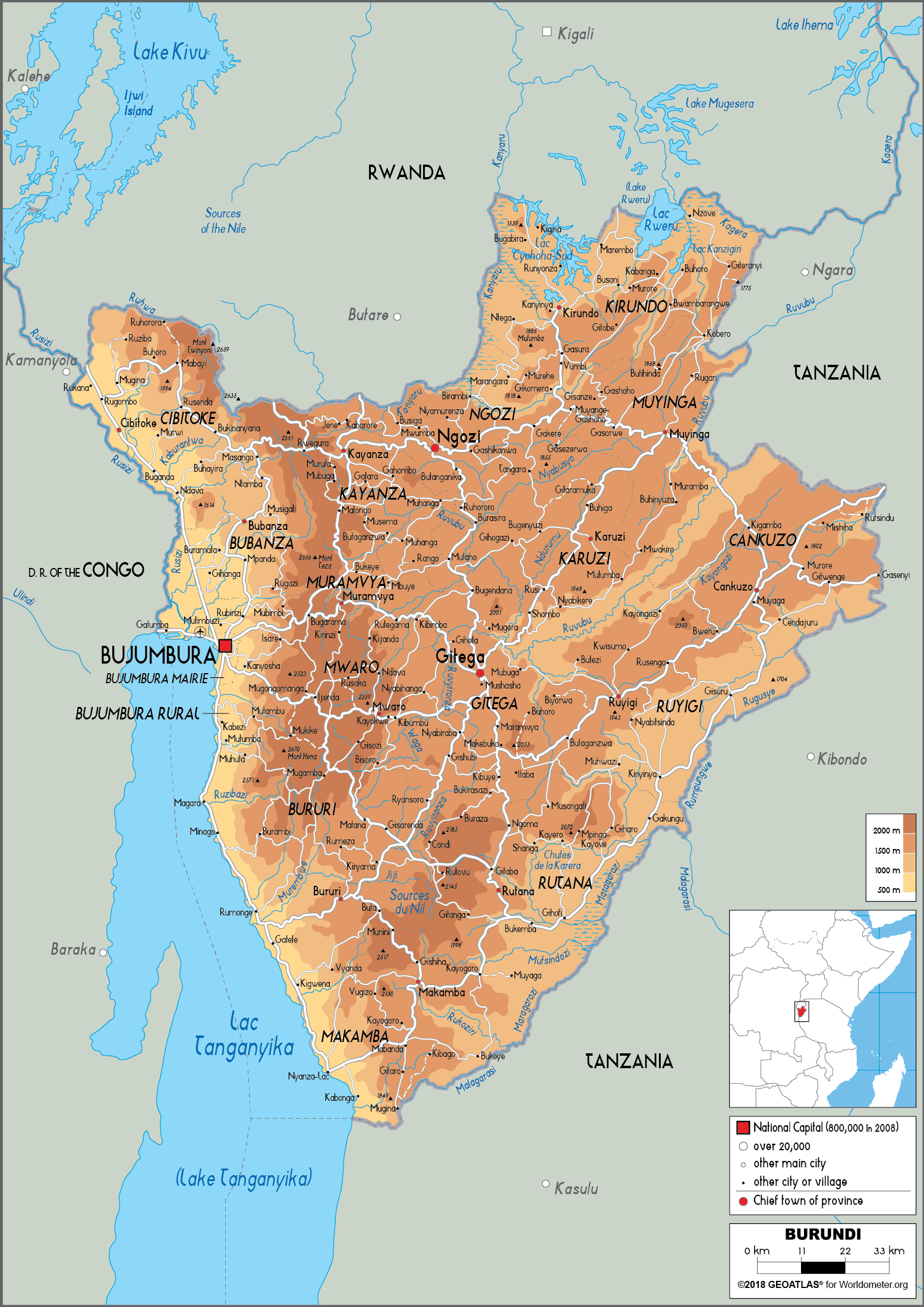 Large size Physical Map of Burundi Worldometer