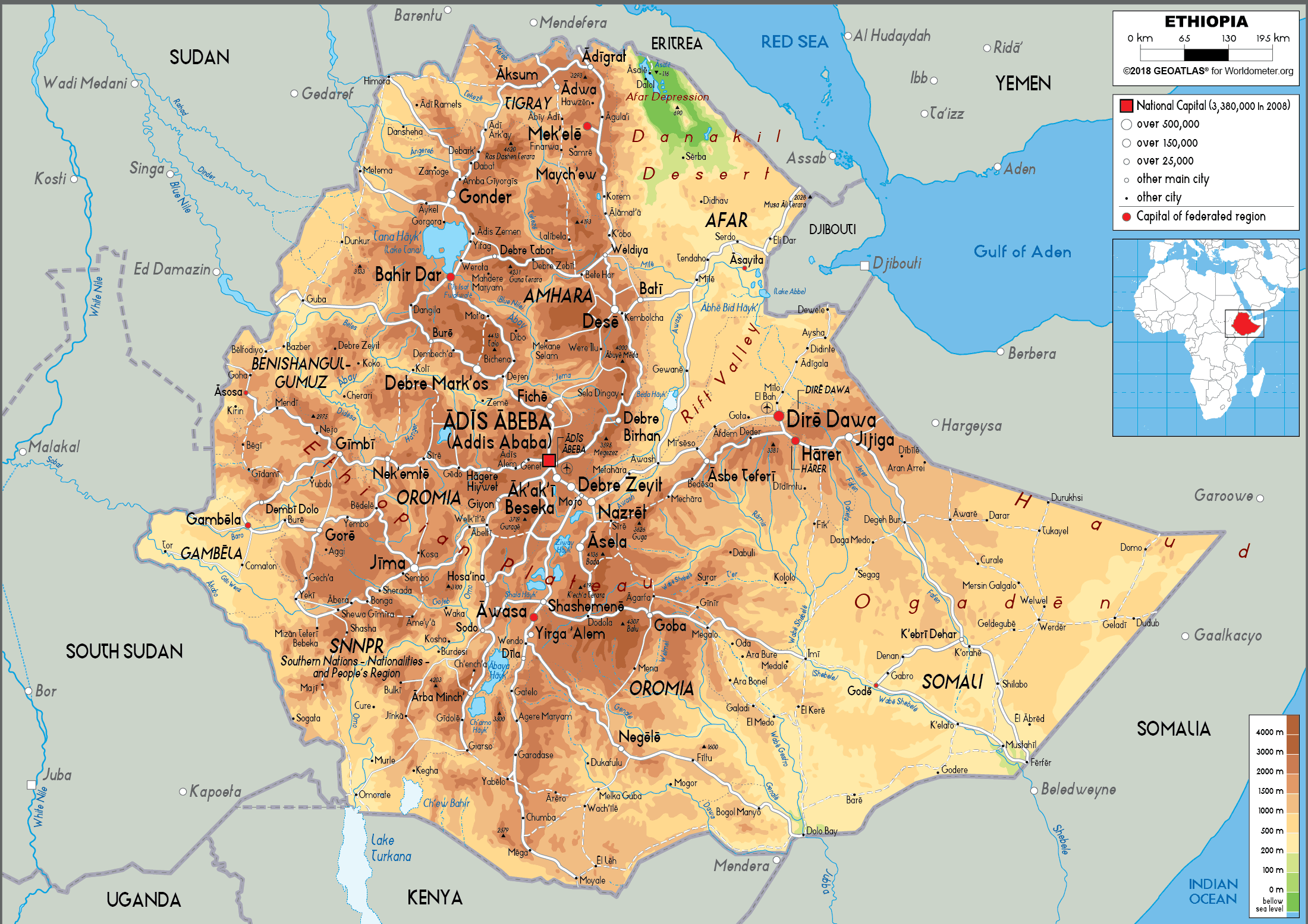 Ethiopia Map (Physical) Worldometer