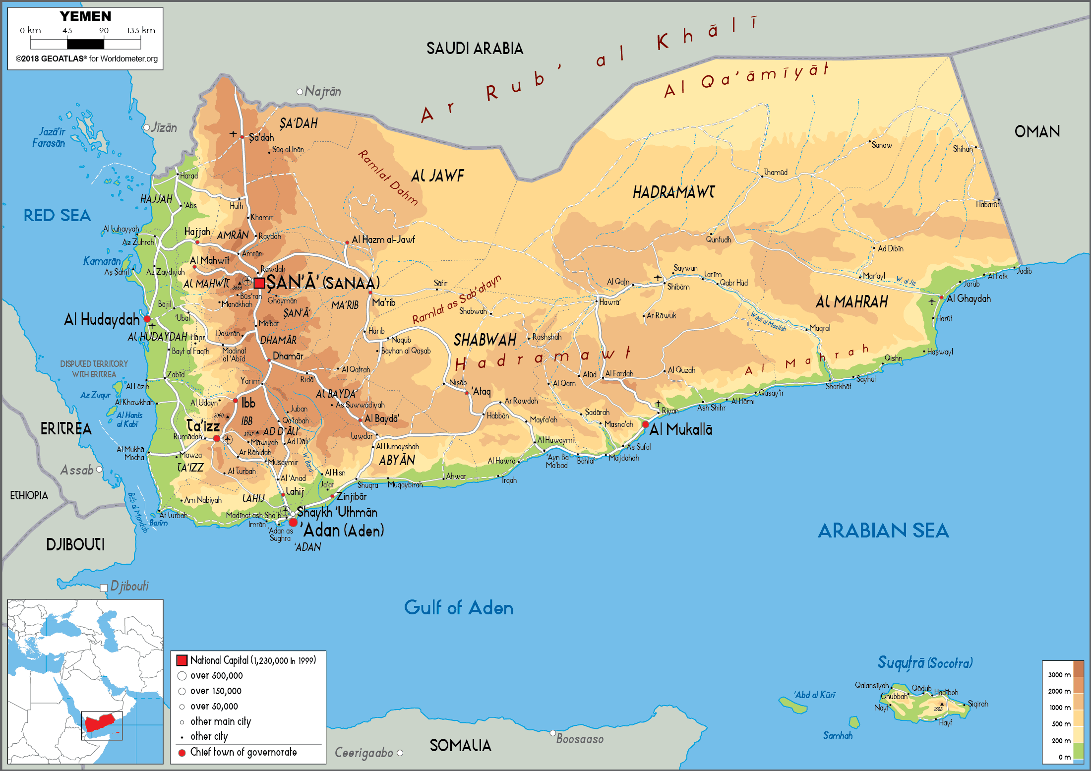 Yemen Map (Physical) Worldometer