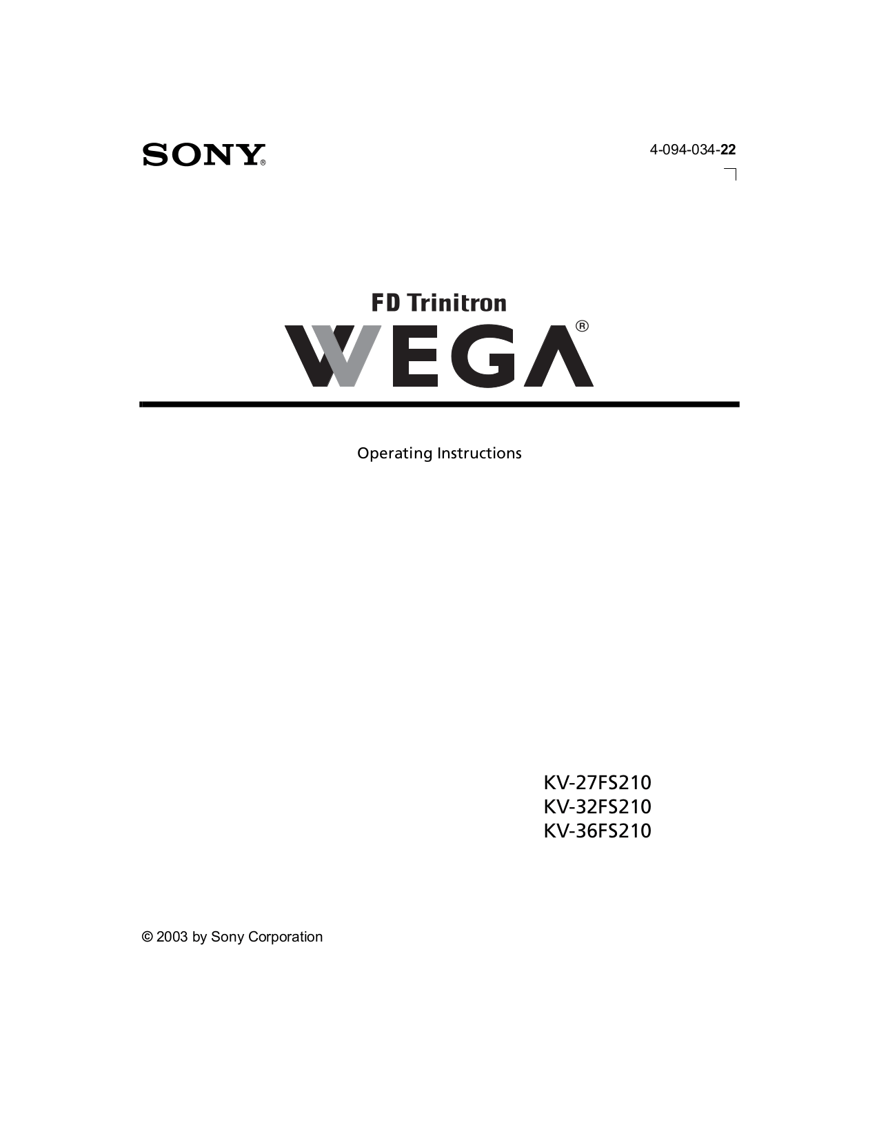 PDF manual for Sony TV WEGA KV27FS210