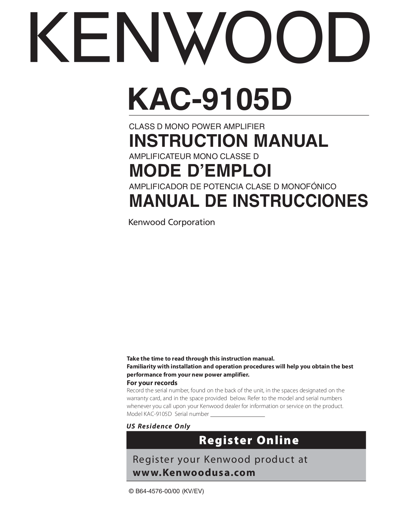 PDF manual for Kenwood Car Amplifier KAC9105D
