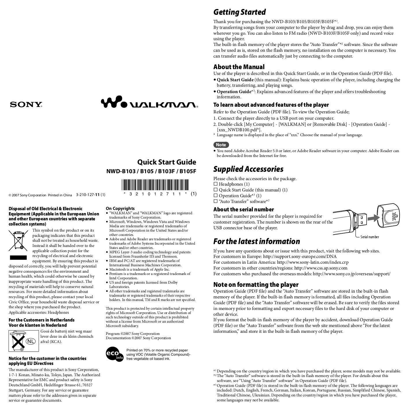 Download free pdf for Sony Walkman NWZB103F MP3 Player manual