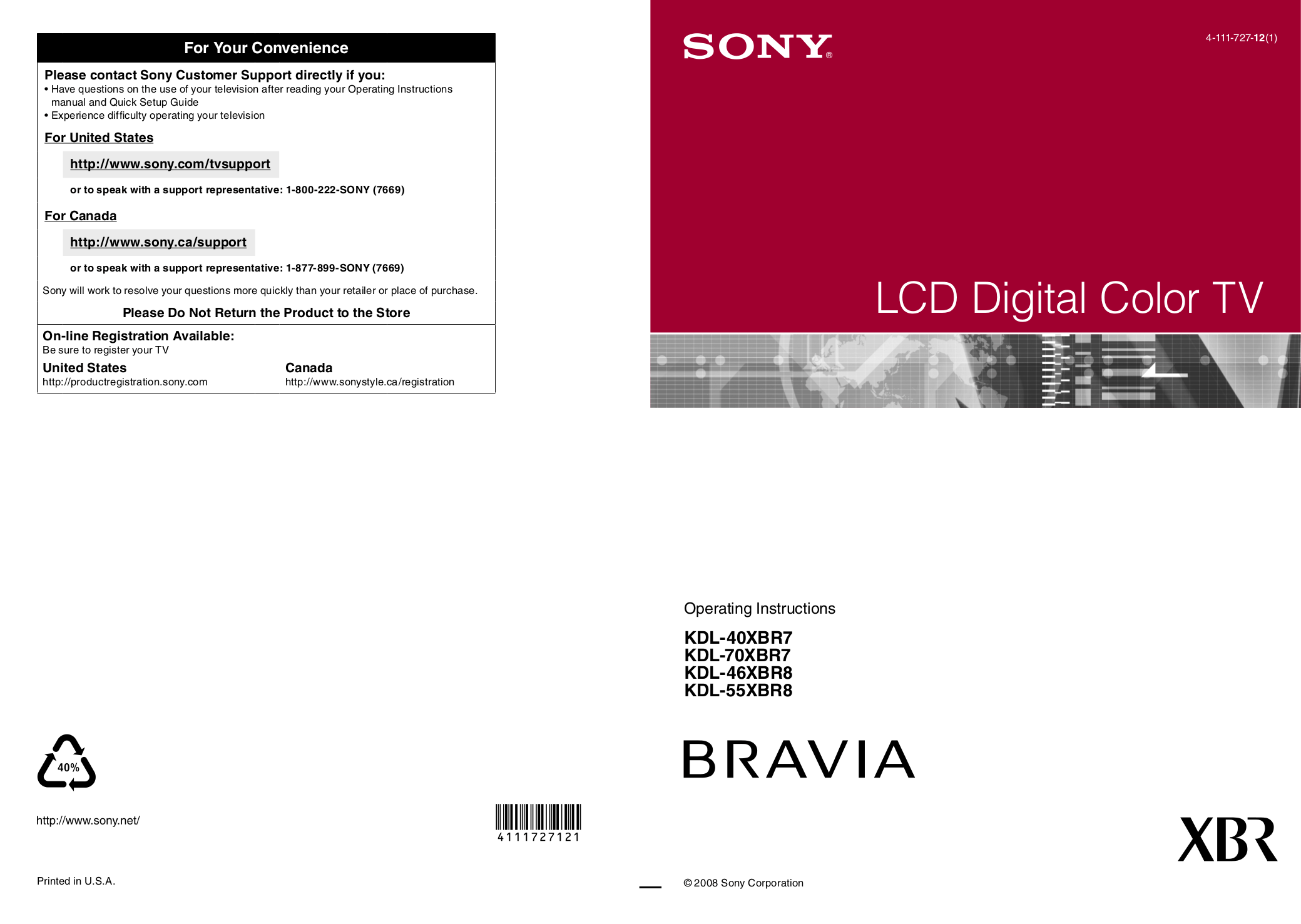 Manuals for XBR-55A8H Sony Canada
