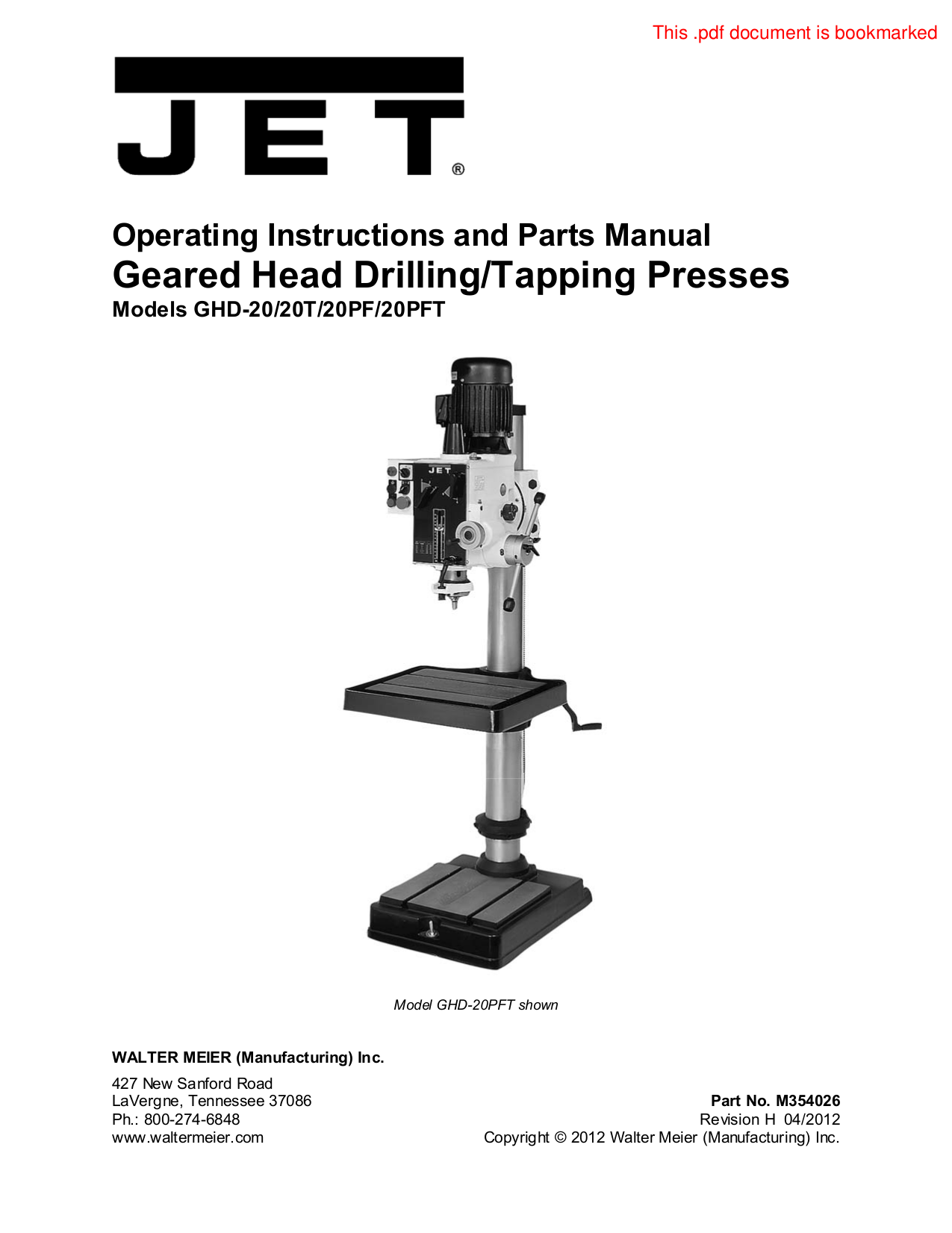 Download free pdf for Jet GHD20T Drill Press Other manual