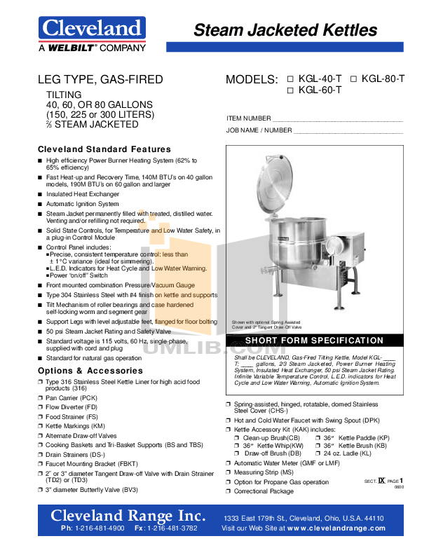 Download free pdf for Cleveland KGL60T Kettles Other manual