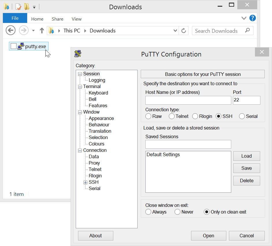 Download a terminal client (PuTTY) Shell Access Windows