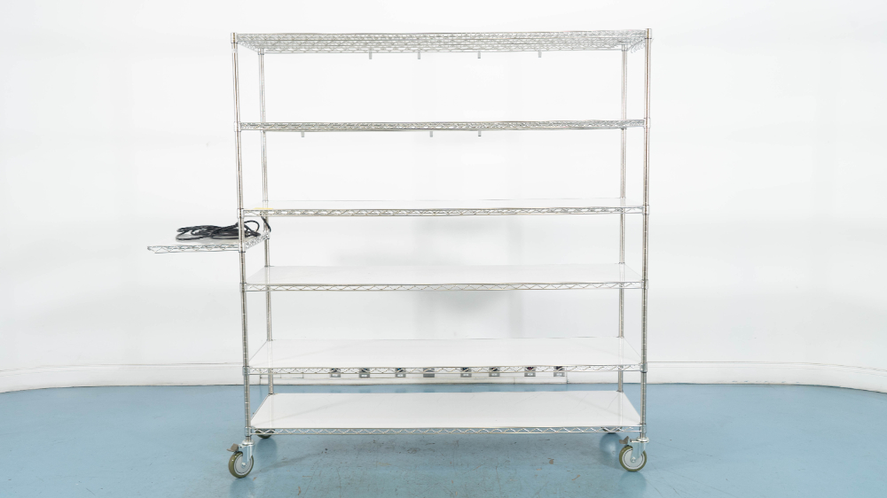 6' Portable Metro Rack w/ Side mounted shelf and power strips Surplus