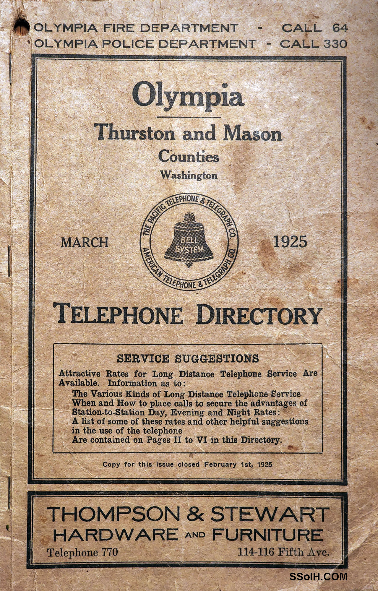 SSoIH 1925 Olympia Washington Telephone Directory Phone Book