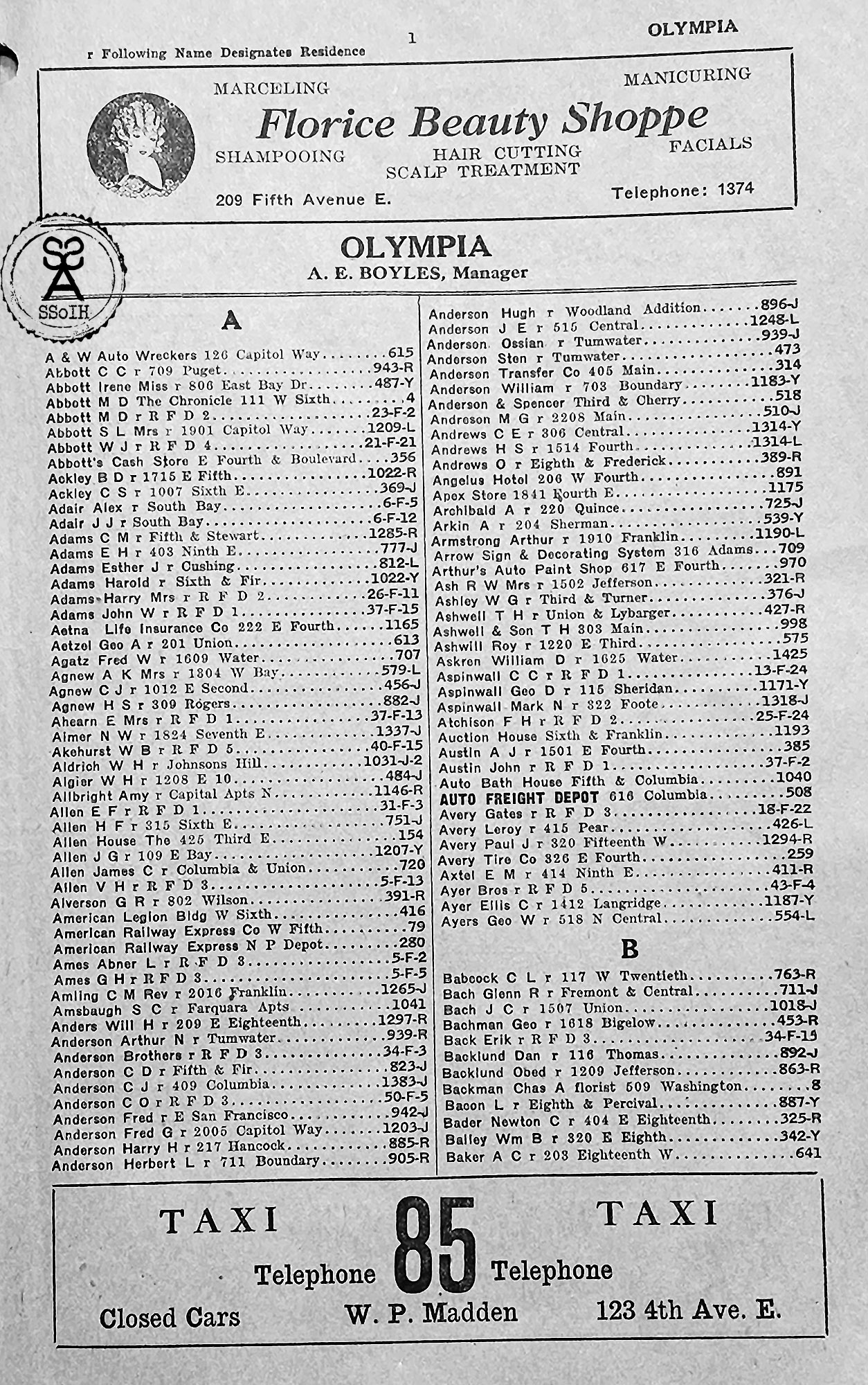 SSoIH 1925 Olympia Washington Telephone Directory Phone Book