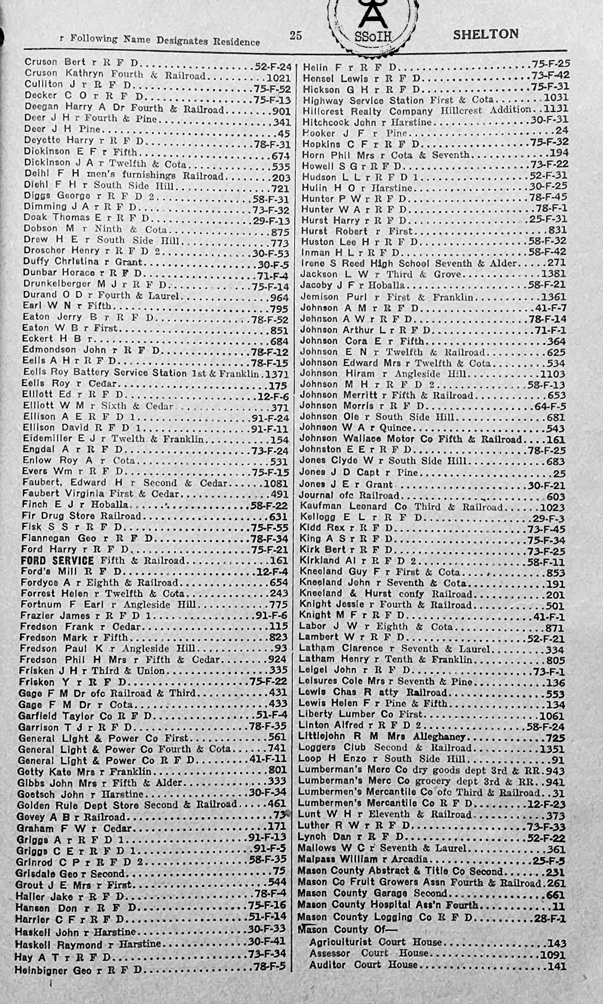 SSoIH 1925 Olympia Washington Telephone Directory Phone Book