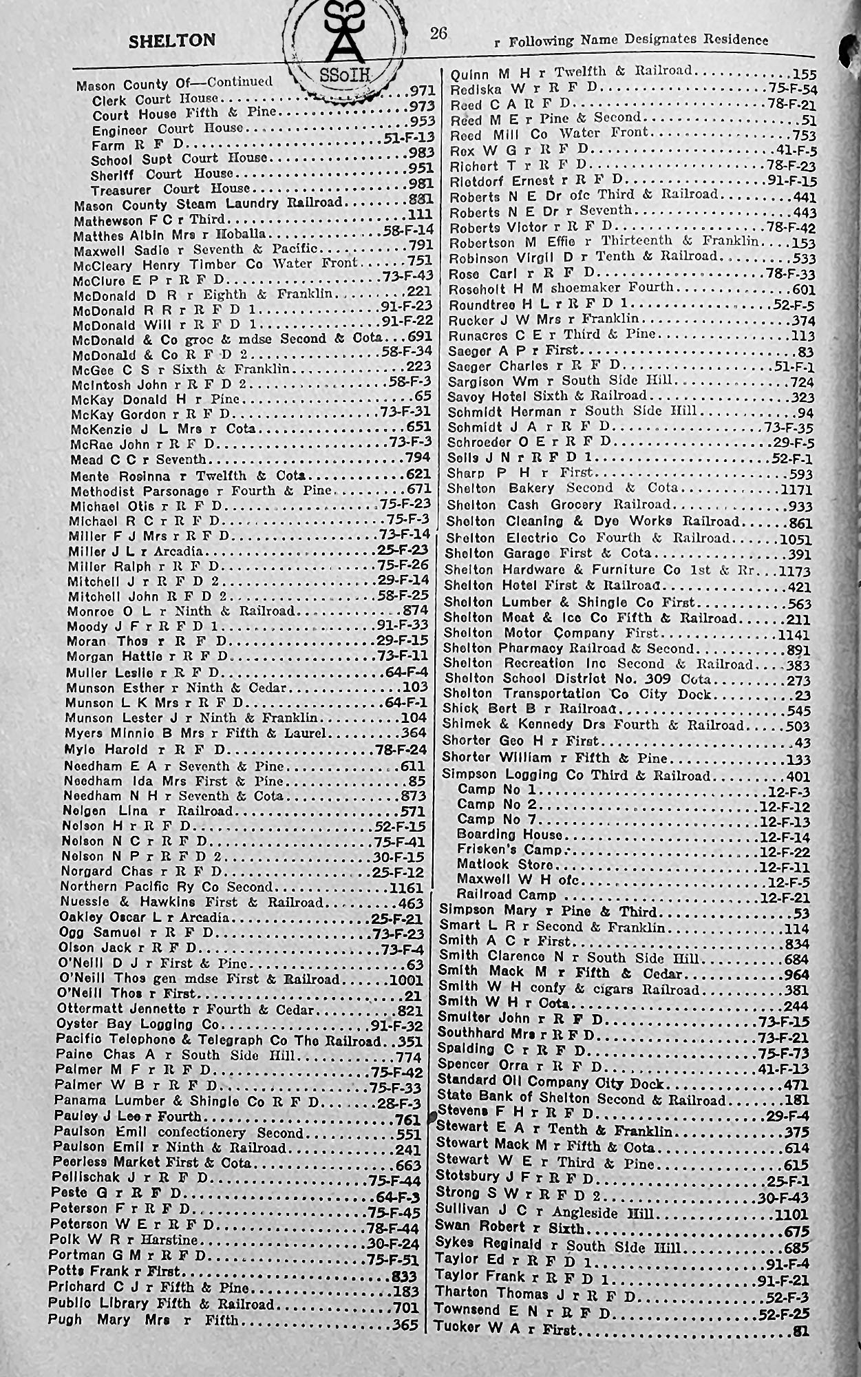 SSoIH 1925 Olympia Washington Telephone Directory Phone Book