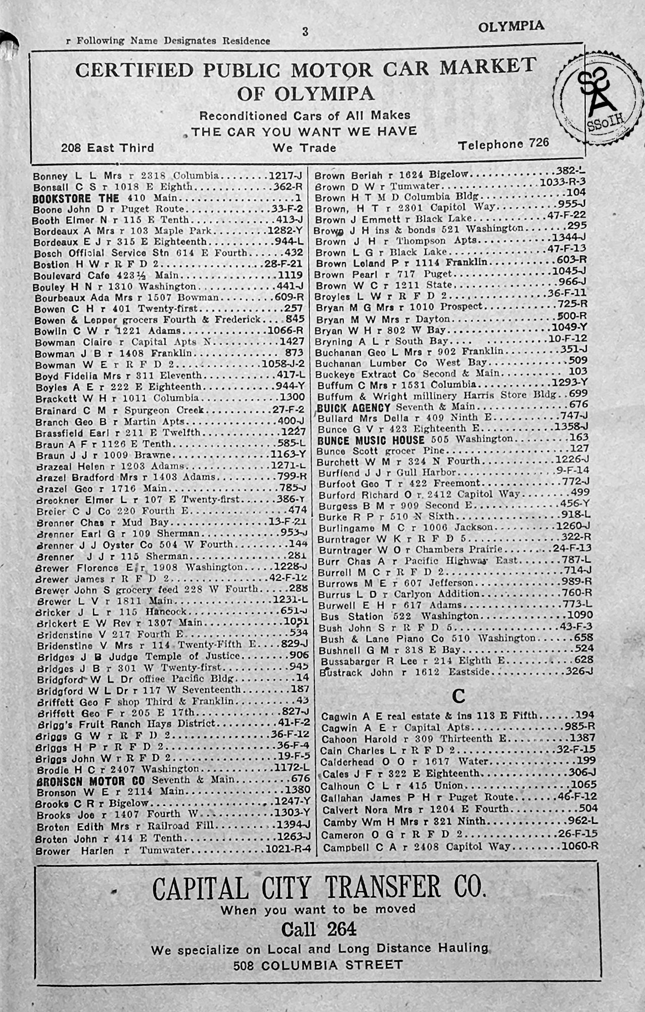 SSoIH 1925 Olympia Washington Telephone Directory Phone Book