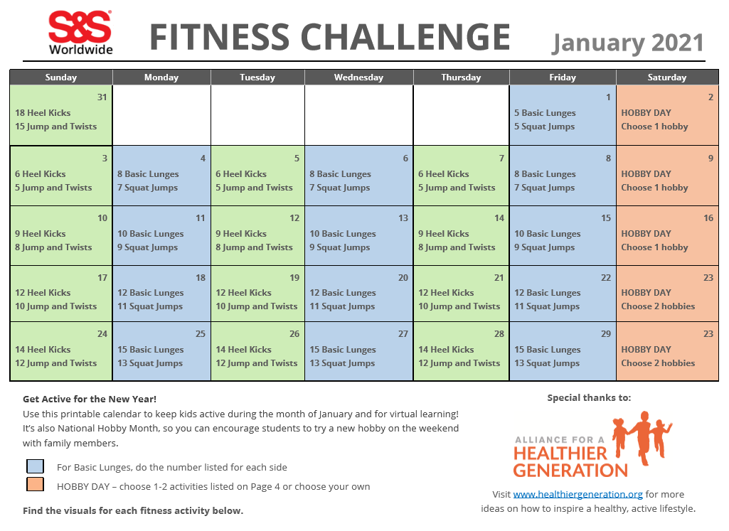 Fitness Challenge Calendar January 2021 S&S Blog