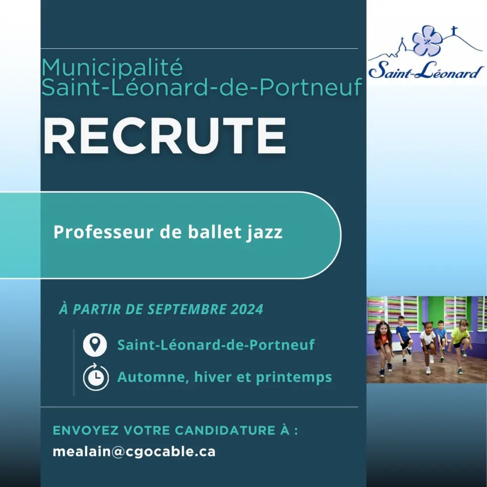Recrutement professeur de ballet jazz Municipalité de SaintLéonarddePortneuf