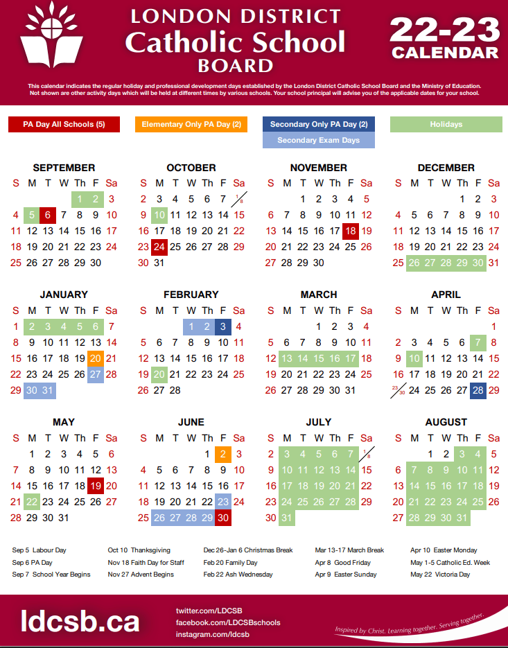 Waterloo Catholic School Board Calendar FPYK