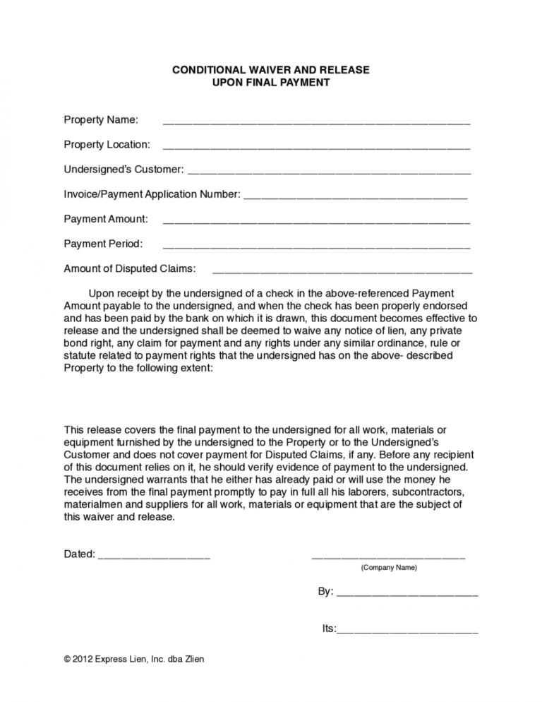 Printable Nevada Final Conditional Lien Waiver Form Free Template
