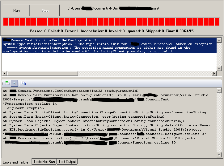 NUnit Error The Type Initializer for … Threw an Exception (And app