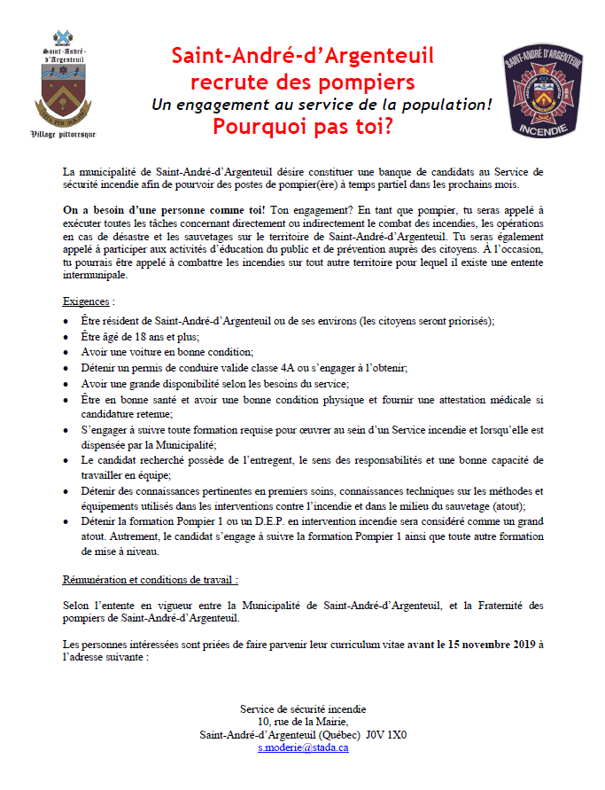 Affichage de poste Pompier à temps partiel SaintAndréd'Argenteuil