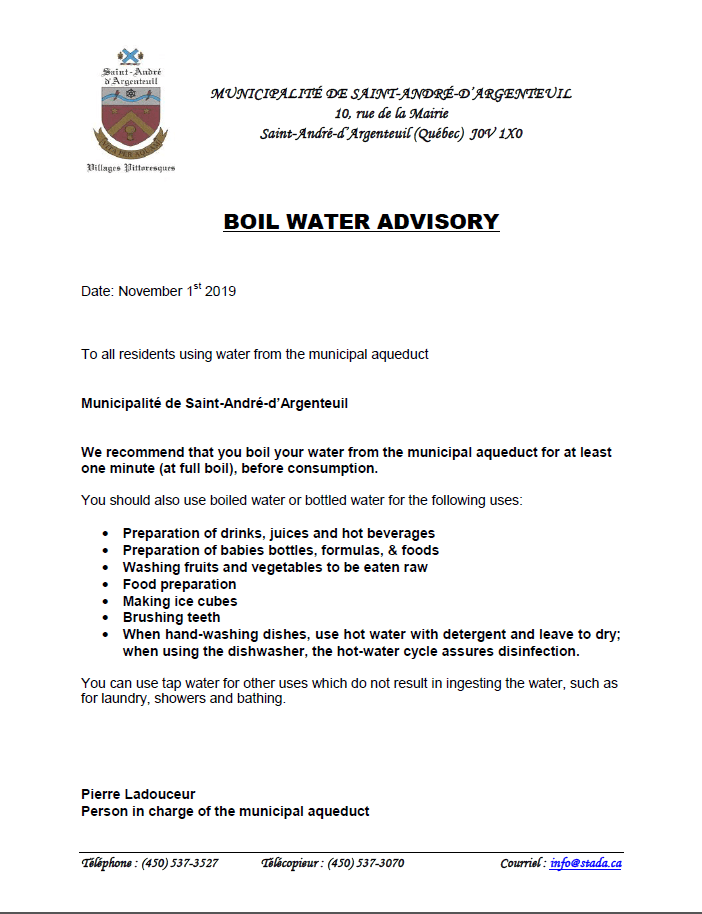 2e avis d’ébullition de l’eau potable SaintAndréd'Argenteuil