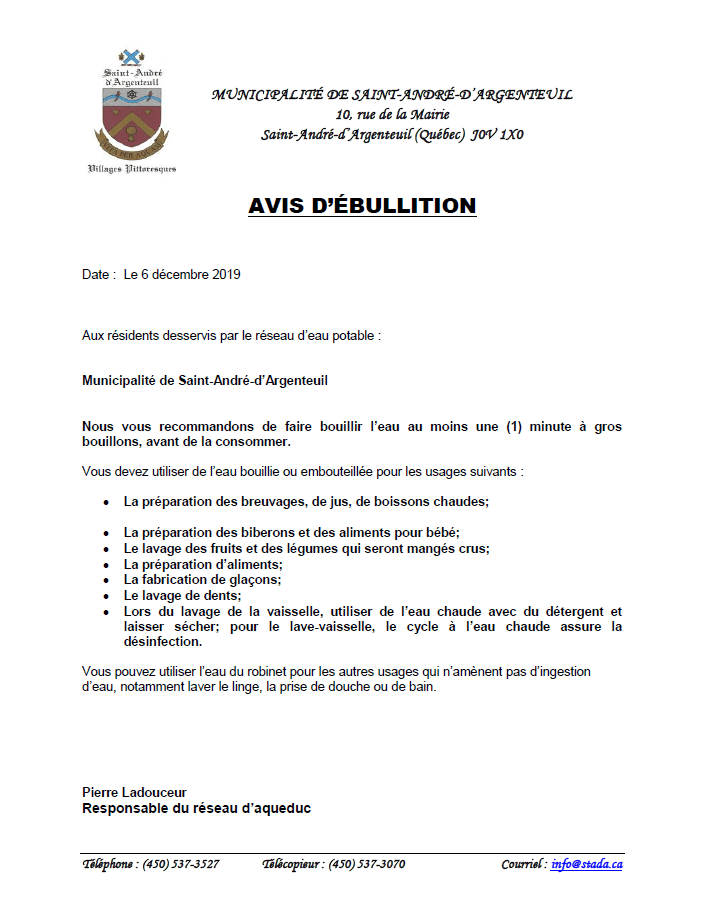 7e avis d’ébullition de l’eau potable SaintAndréd'Argenteuil