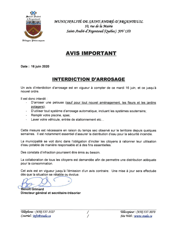 Interdiction d’arrosage 16 juin 2020 SaintAndréd'Argenteuil