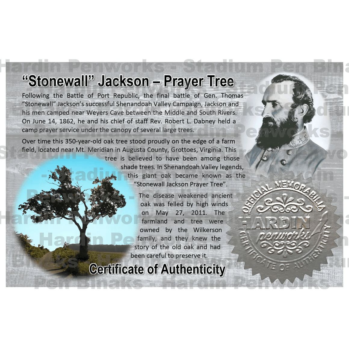 Stonewall Jackson Prayer Tree Stadium Pen Blanks