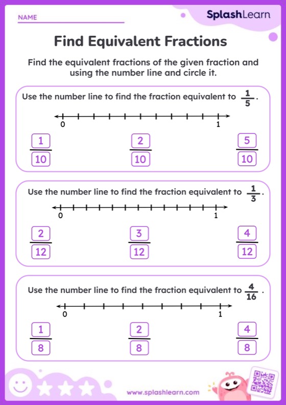 Find Equivalent Fractions using Number Line — Printable Math Worksheet