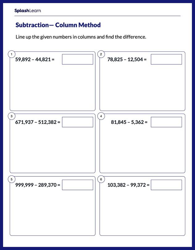 Subtract the Numbers using the Column Method Math Worksheets