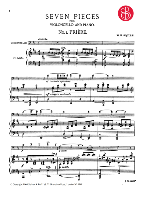 Squire, William Henry Priere for Cello and piano. PDF Stainer & Bell