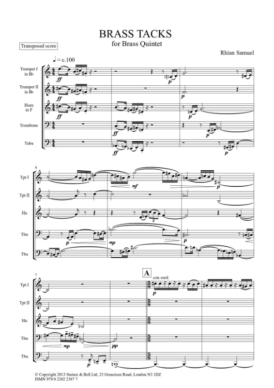 Samuel, Rhian Brass Tacks for Brass Quintet Stainer & Bell