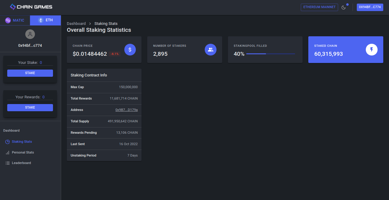 Chain Games Staking Portal