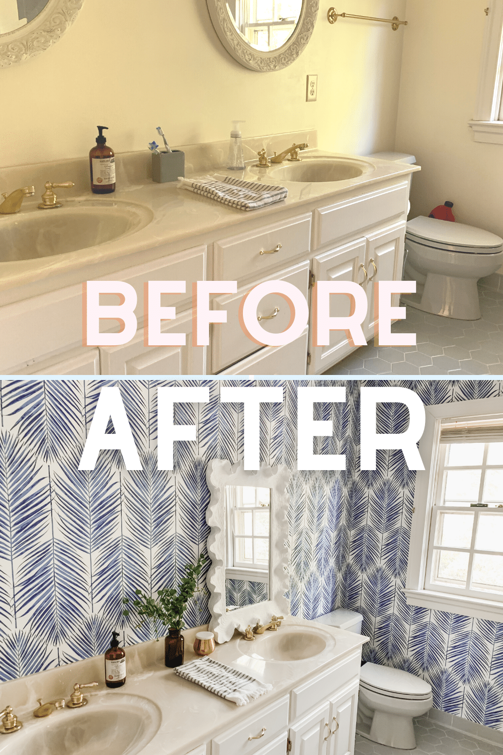See the Kids Coastal Bathroom Update with Blue Palm Wallpaper