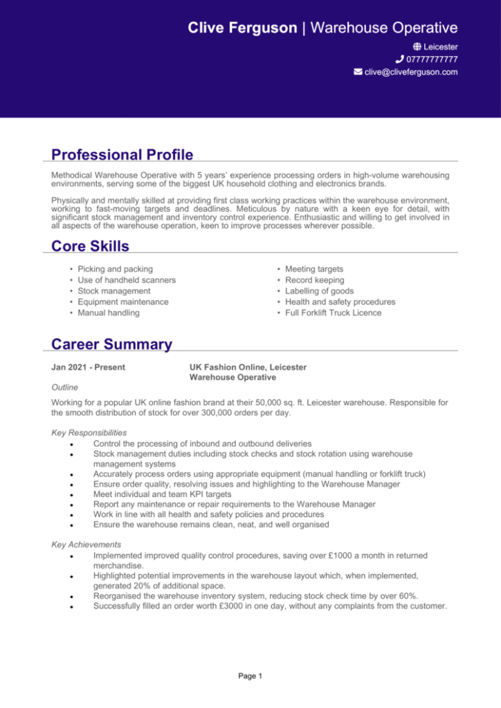 2 Warehouse Operative CV examples for 2024 [get the job]