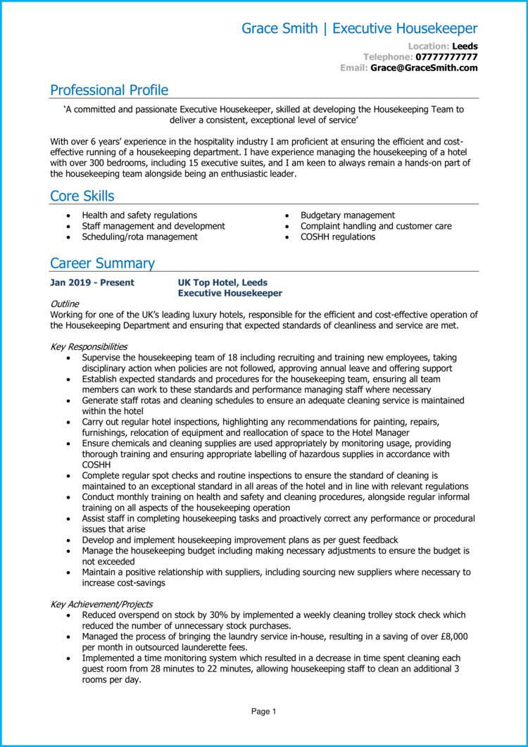 Executive Housekeeper CV example + guide [Get hired]