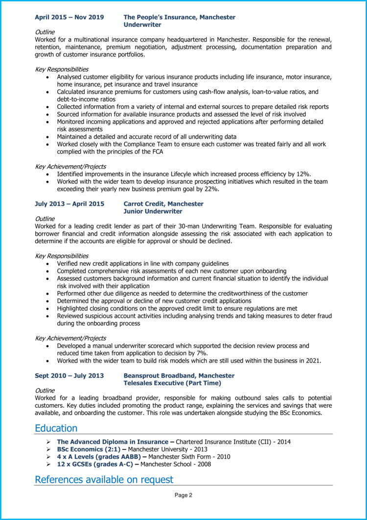Underwriter CV example + writing guide [Get noticed]