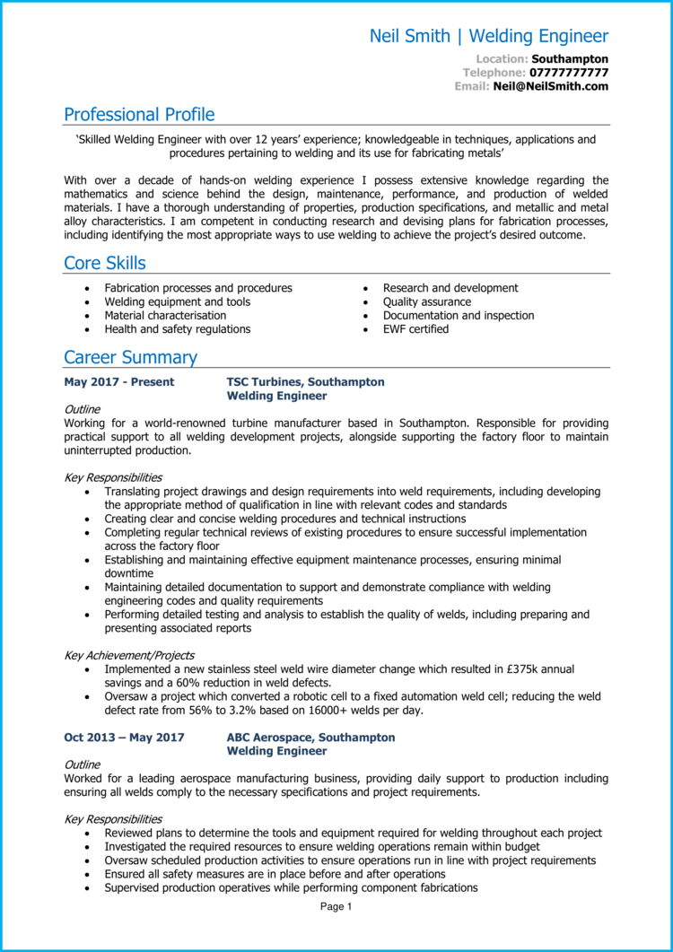 Welding Engineer CV example + writing guide [Get noticed]