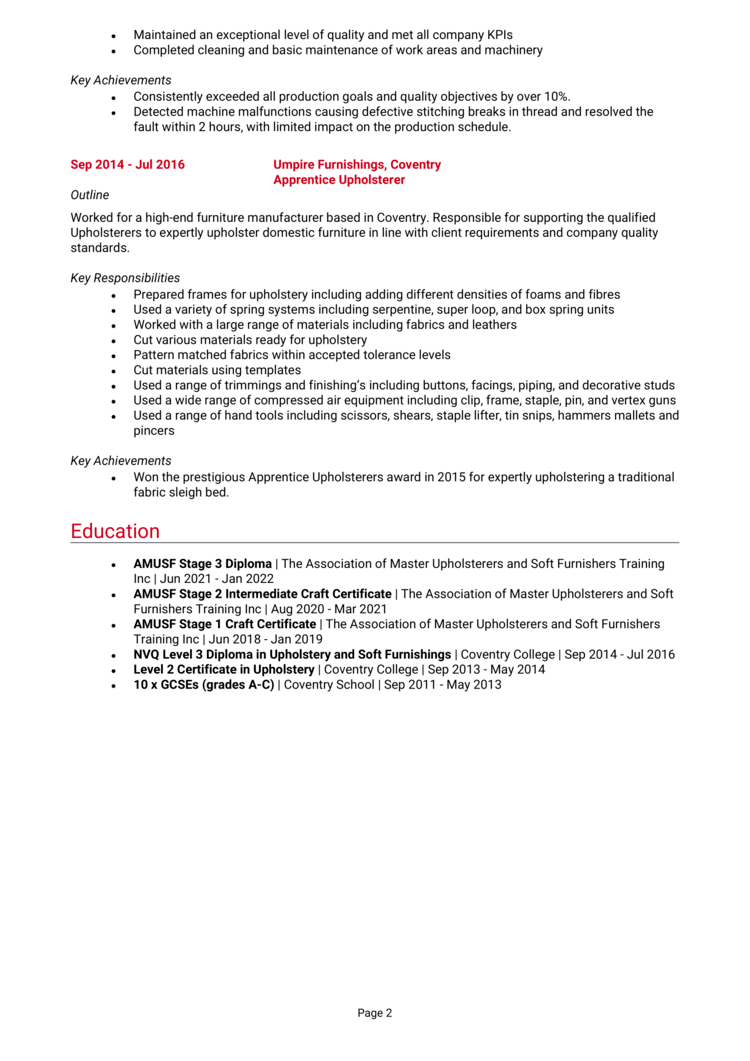 Upholsterer CV example + guide [Land the best jobs]