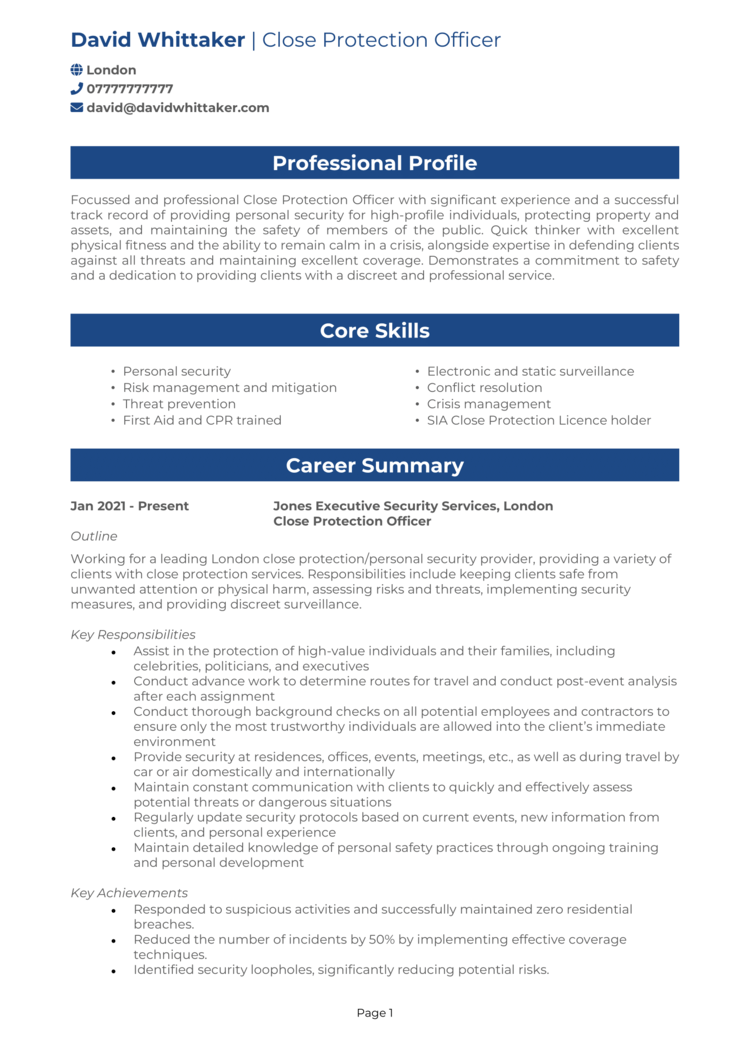 Close Protection CV example + guide [Get hired quick]