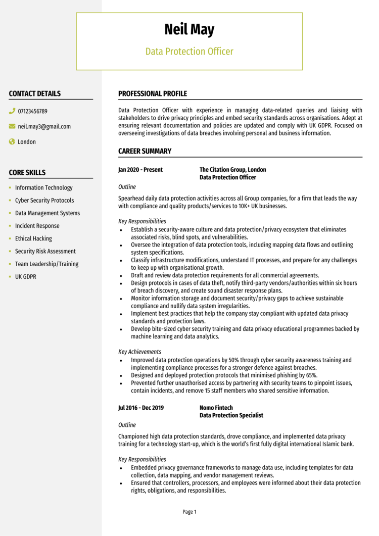 Data Protection Officer CV example + guide [Get noticed]